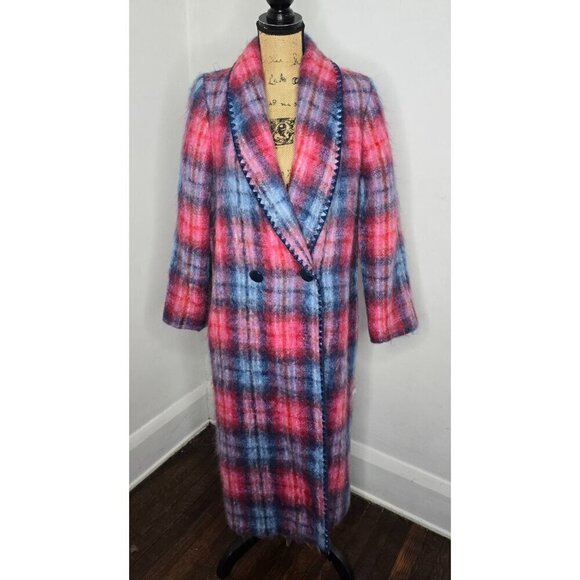 Vintage 1970s Red Blue Plaid Angora Wool Double Breasted Coat - Picture 10 of 16